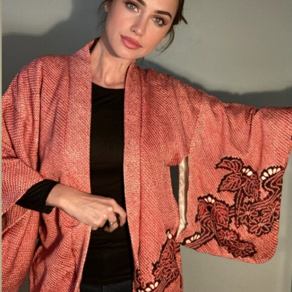 Vintage Jackets & Blazers - Kimono Haori Jacket Beautiful Pink Red Plum Flower Shibori Dyed ~ Breathtaking